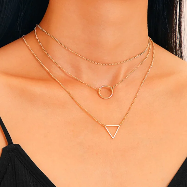 

Simple Multilayer Alloy Gold Plated Geometric Round Triangle Pendant Choker Necklace For Women Accessories, Gold/silver