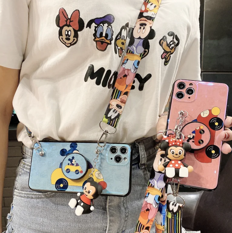 

Glossy Minnie Mickey Mouse 3D Doll Stand Case For iphone 12 Pro Max 11 pro XS X 8 Cute Lanyard Cover, Colorful