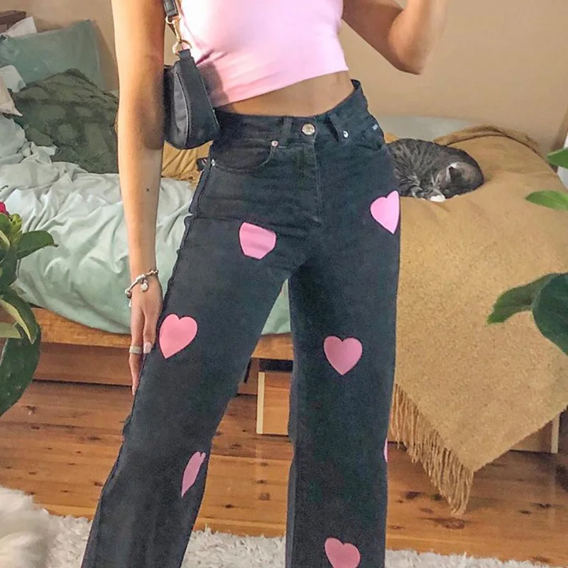 

Women Pants Casual Straight Pants Denim Cotton Black Pink Heart Printed High Waist Jeans For Women Y2K
