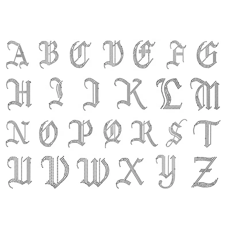 

New Custom Very Bling Sparkle Old English Letter Font Alphabet A-Z Rhinestones Transfer Motif Rhinestones Design For Garments, As per customer request