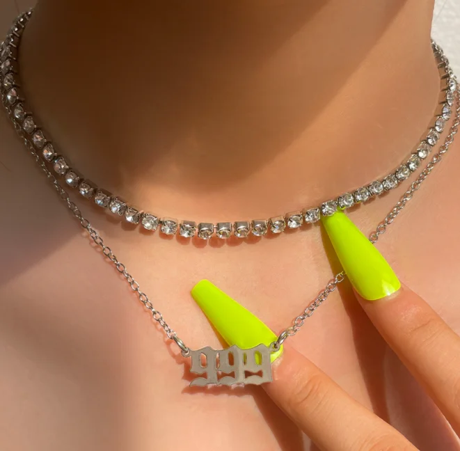 

Hot selling double layered bling rhinestone lucky angel number 111-999 necklaces set women, Picture shows