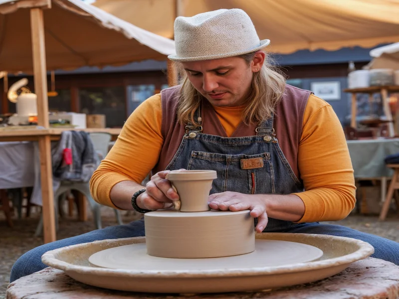 Artisan demonstrating pottery wheel technique at crafts fair