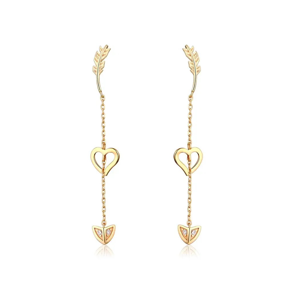 

Gold plating feather heart long chain drop earrings in sterling silver