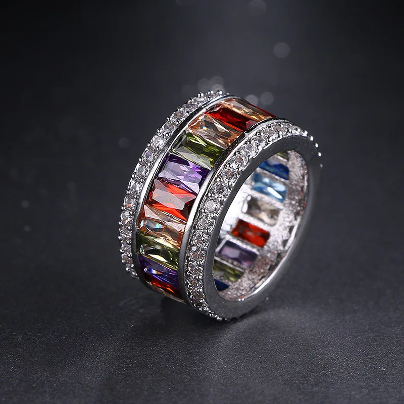 

Inlaid Colorful Cubic Zircon Rings Shiny Square Crystal Round Silver Copper Wedding Rings For Women