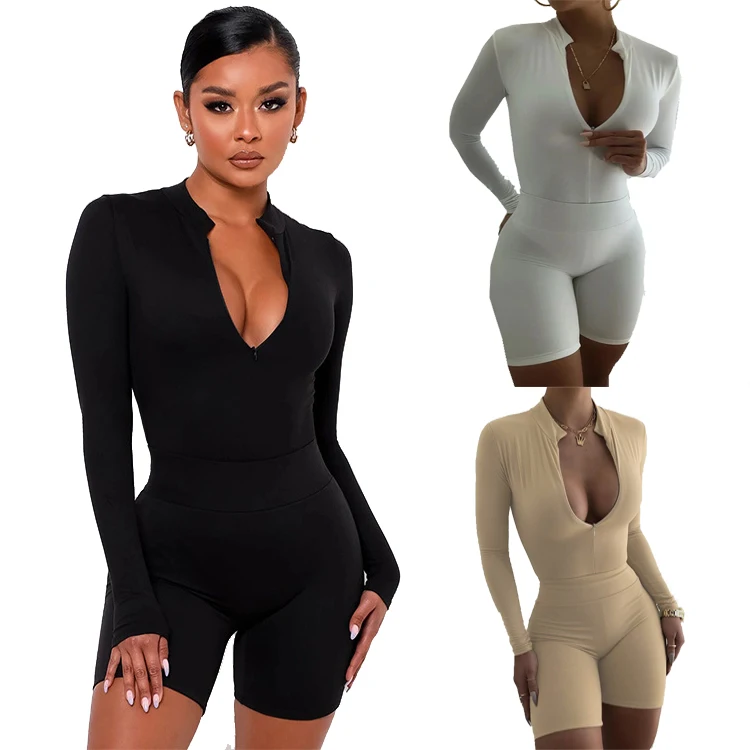 

DUODUOCOLOR Summer v neck solid color long sleeve woman fashion clothing 2021 sexy two piece shorts set D10441