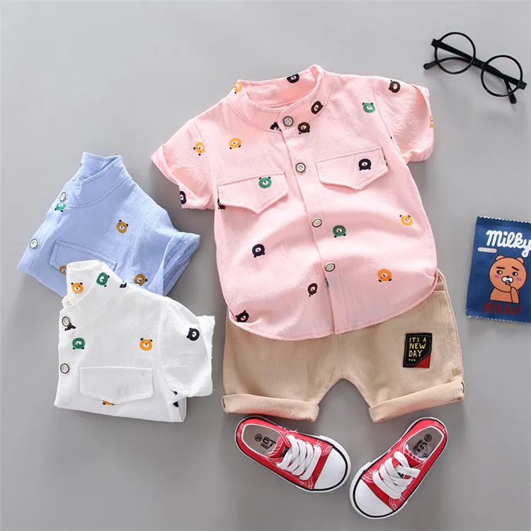 

2pcs Baby Boy Clothes Summer Boy's Clothing Sets Children's Print Bear Pattern T Shirt with Shorts Fashion Kid Wears, Pink/white/blue