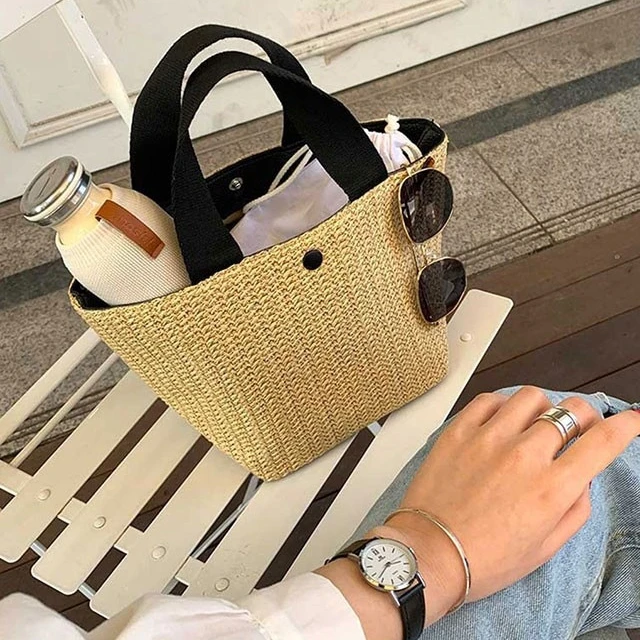

2020 New Trend Faux Straw Style Mini Bucket Handbag For Women Lady Street Beach Fashion Dress, Picture color , can be customized
