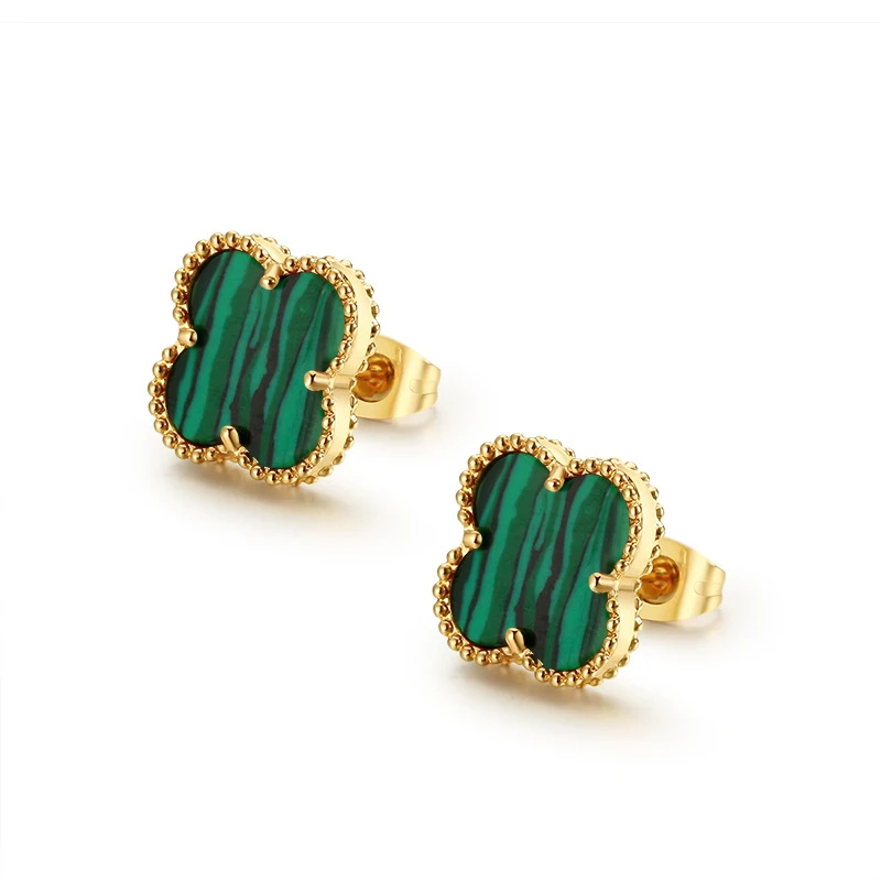 

Popular Plated 4 Leaf Clover Jewelry Gold Women Stainless Steel Earrings, Green