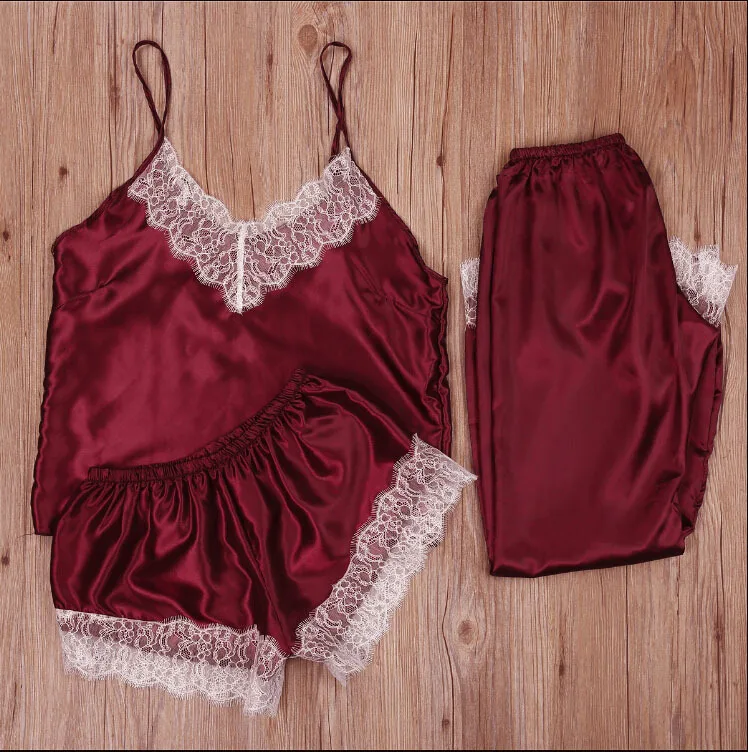 

New Arrival In stock Women summer silk satin floral 3 pieces fashion pajamas set sleepwear, As photo