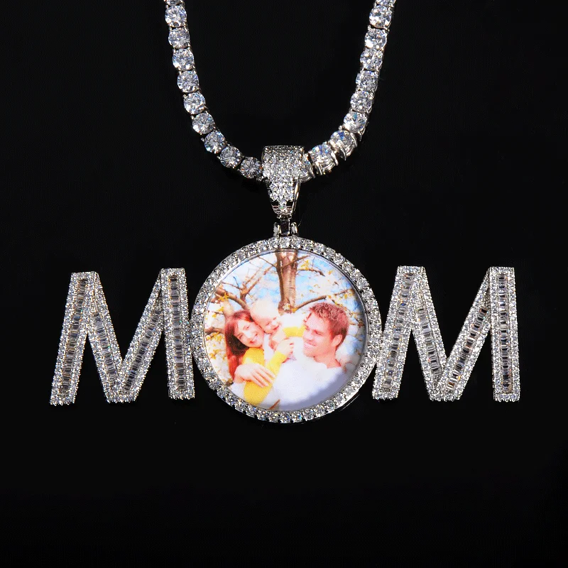 

Hip Hop Custom Jewelry Personalized MOM SON Picture Charms Necklace Iced Out Circle Photo Pendant Necklace, Gold,silver