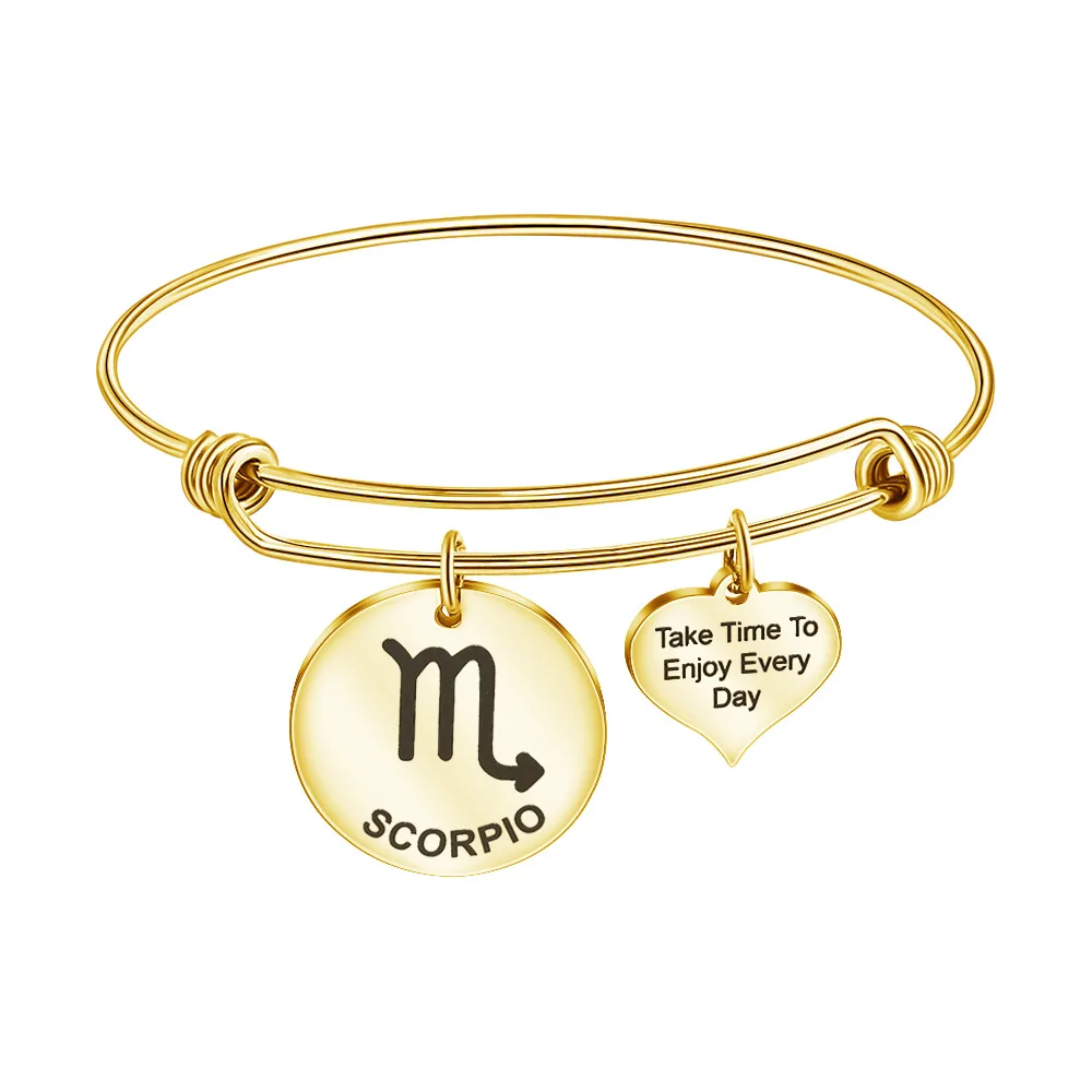 

Luxury Stainless Steel Jewelry Fashion Custom Women Femm Gold Bracelets Engraved Disk Orthodox Meaning Zodiac Bracelet, Gold sliver rose gold