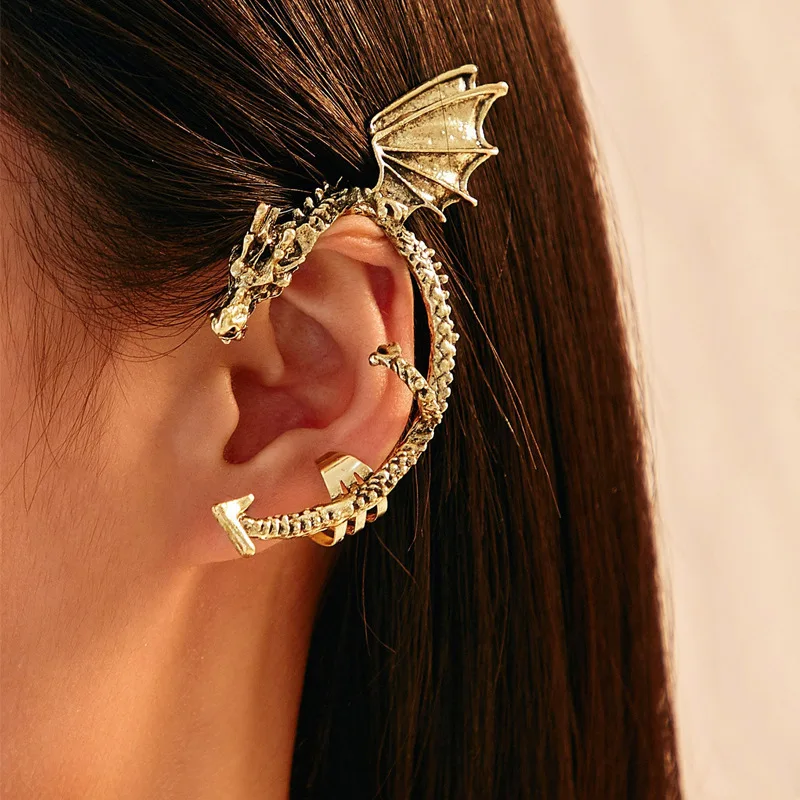 

Personalized Punk Dragon Shaped Ear Cuff Statement Metal Animal Dragon Clip On Earrings, Picture shows/custom color