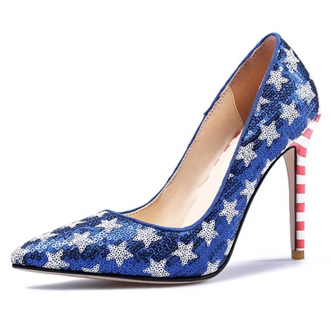 

3D Stars Women Paillette High Heels Shoes Pointy toe Stripes Heels Dress Stiletto Basic Party Lady Pumps Shoes, Blue