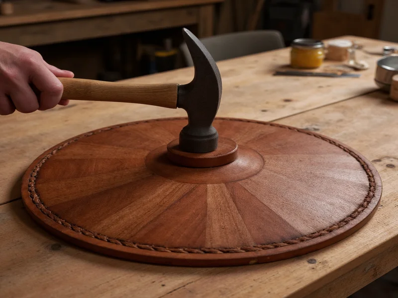 Applying leather edging to wooden shield with hammer
