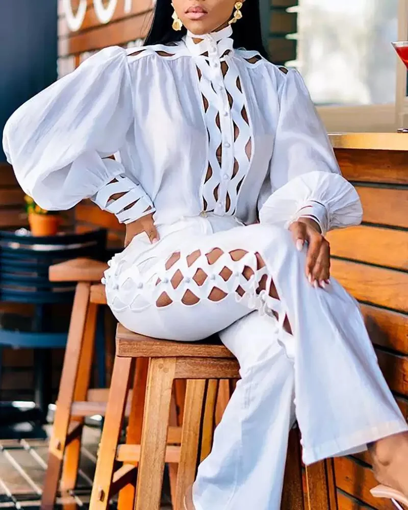Wholesale 2026 Autumn Lace Shirt White Long Temperament Commuter Long-sleeved Solid Color Pants Suit Retro Women's Set