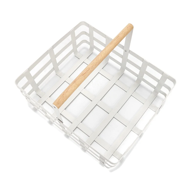 

Modern Handcraft White Wire Metal Storage Baskets With Wood Handles