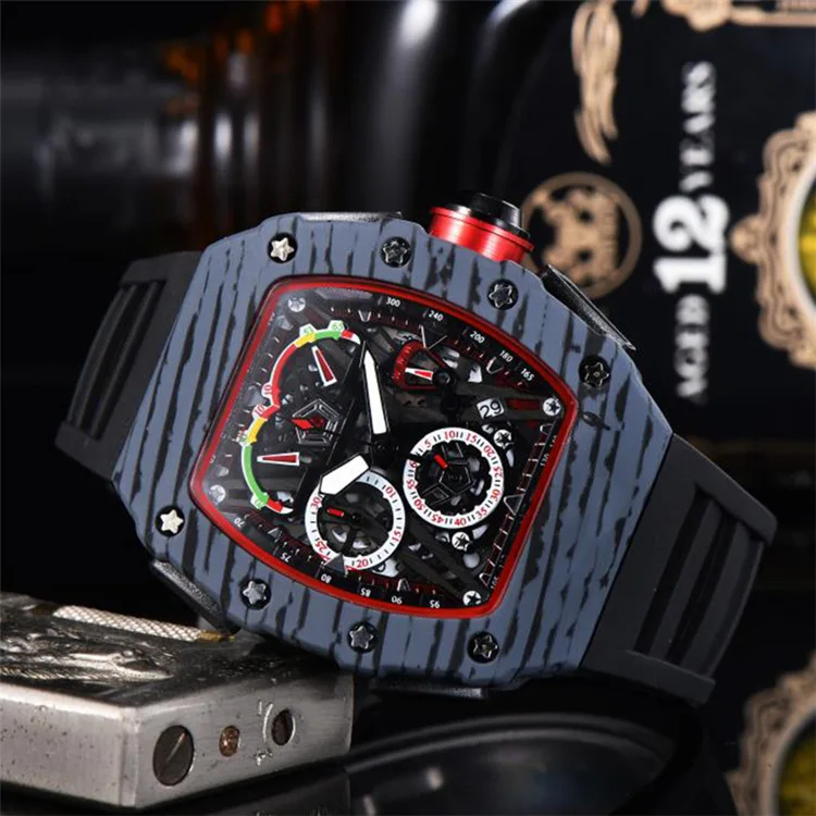 

RM10 Men Carbon Fiber Pattern 6 Hands Running Seconds Watch Flat Top Tapered Crown Quartz Watch New Round Watch