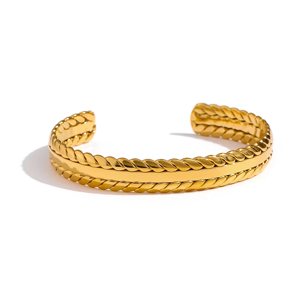 

JINYOU 1391 Minimalist Metallic Gold 18K Cuff Bracelet Waterproof Jewelry 316L Stainless Steel Leaves Bangle Bracelet for Women