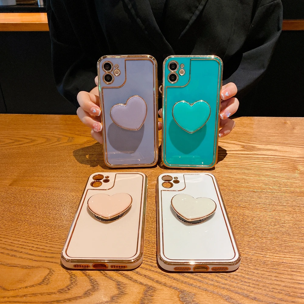 

For iPhone 12 Max Electroplated Bumper Casing Plating Soft Camera Lens Protector Case With Love Heart Shaped Bracket Holder