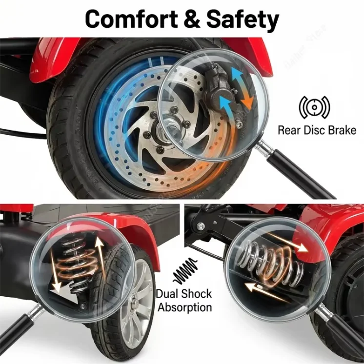 Auto Fold Dual Motor 4-Wheel Electric Scooter 36V 500W Lightweight 40-60km Range Unisex Portable Mobility Vehicle Elderly Riders