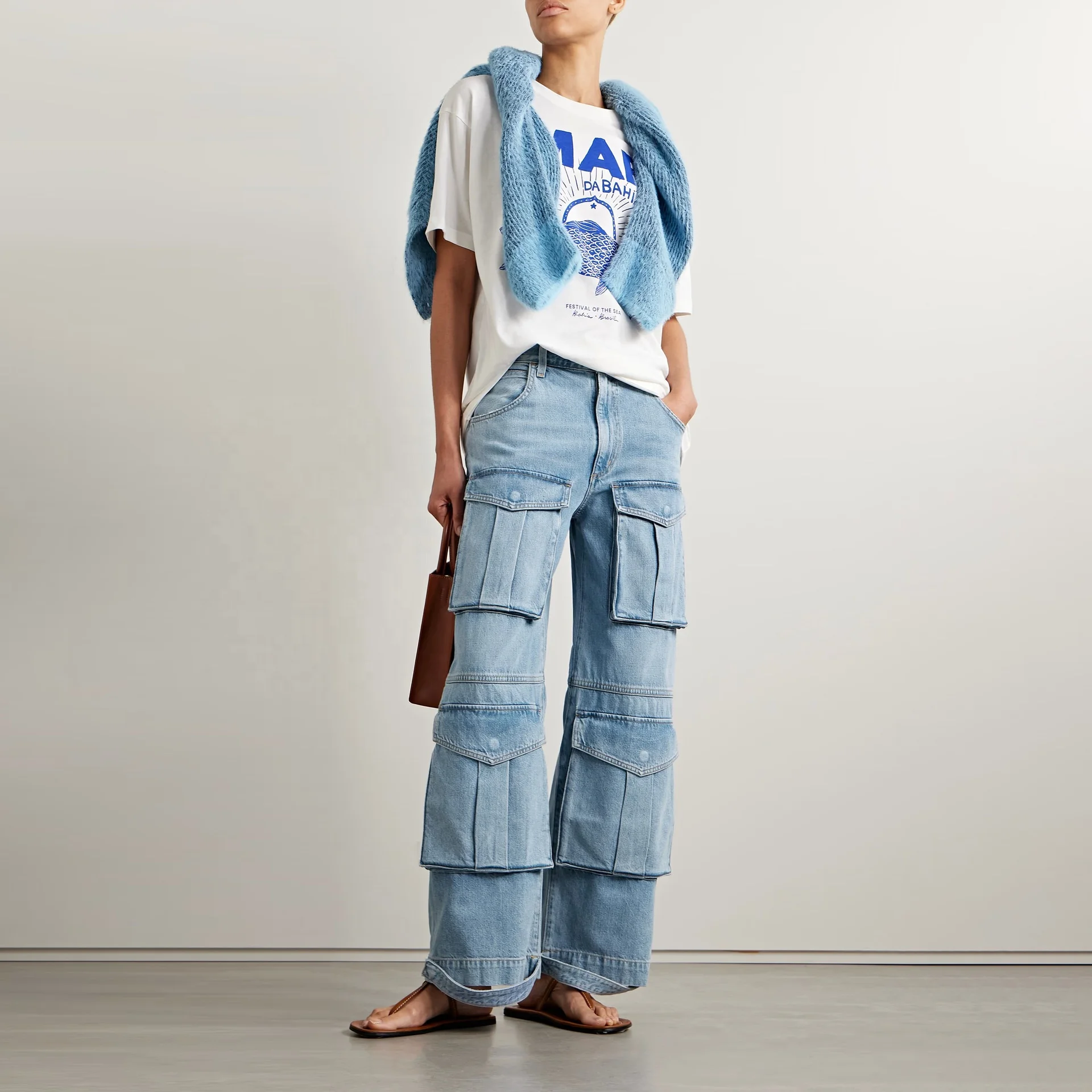 

OUDINA New Arrivals Casual Trousers Straight Pants High Waist Pocket Cargo Women's Denim Jeans