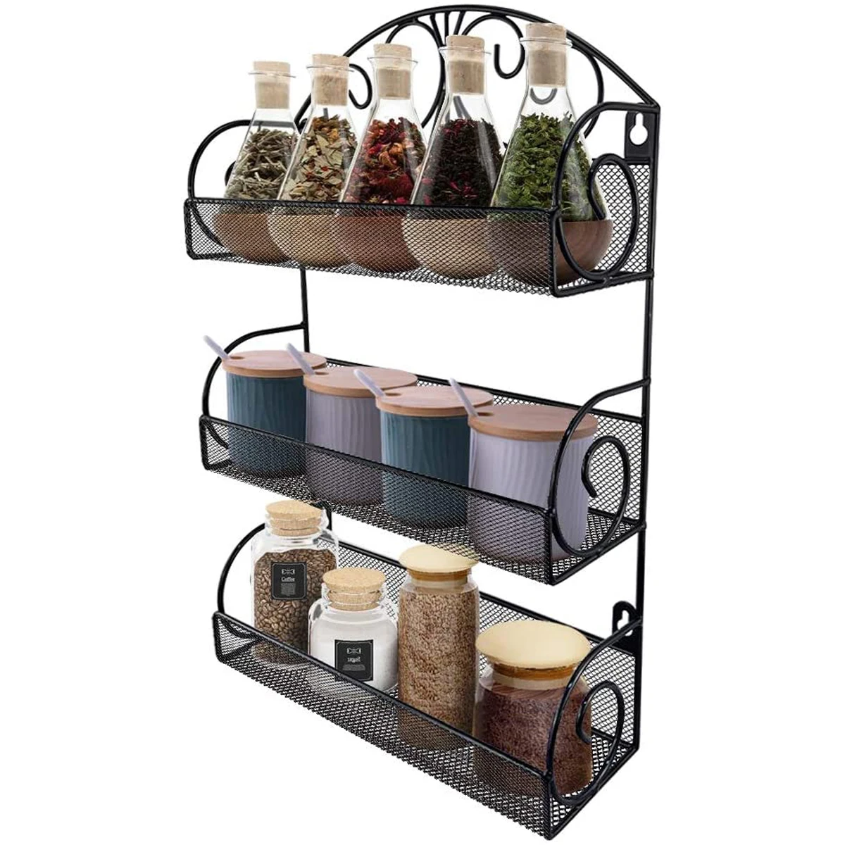 

ORR174 3 Tier Metal Spice Rack Wall Mount Over The Door Organizer,Hanging Wire Mesh Basket for Pantry, Black