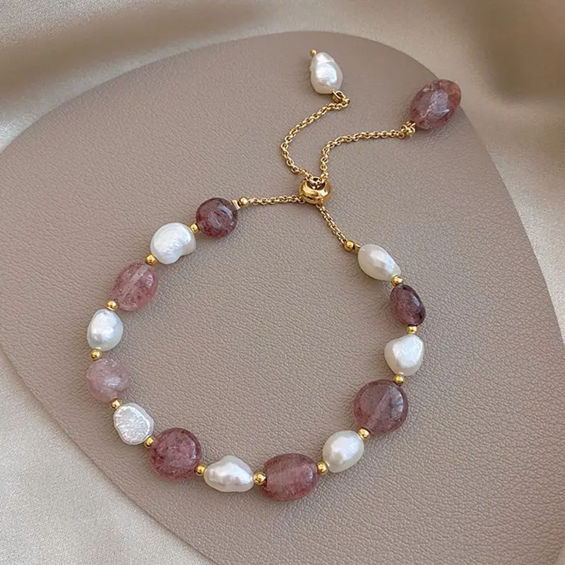 

Amazon 14K Real Gold Jewelry Natural Crystal Rose Strawberry Quartz Stone Bracelet Baroque Freshwater Pearl Bead Bracelet Women
