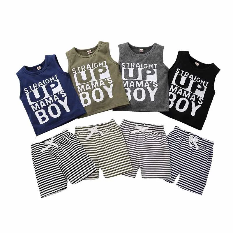 

Kids Shorts SetsSummer Baby Boy Outfit Sets Mama's Boy Stripe