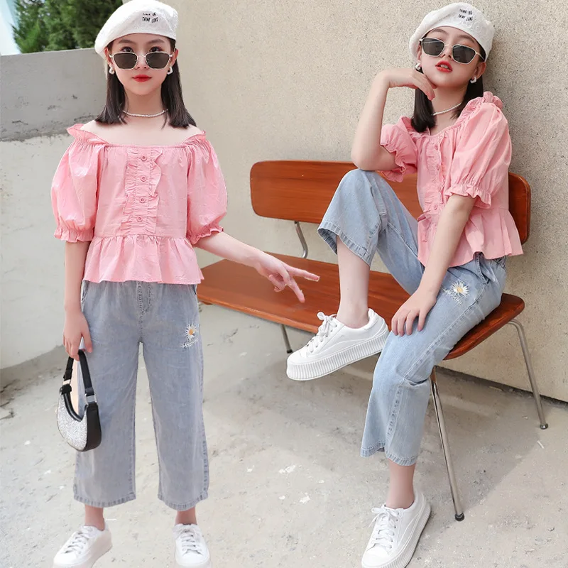 

New arrival fahion summer girls half sleeve blouse and denim pants 2 pieces clothing set, Picture shows