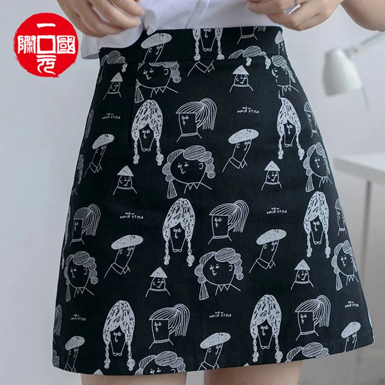 

Half-length skirt female student Korean cartoon print high-waisted a-line short skirt