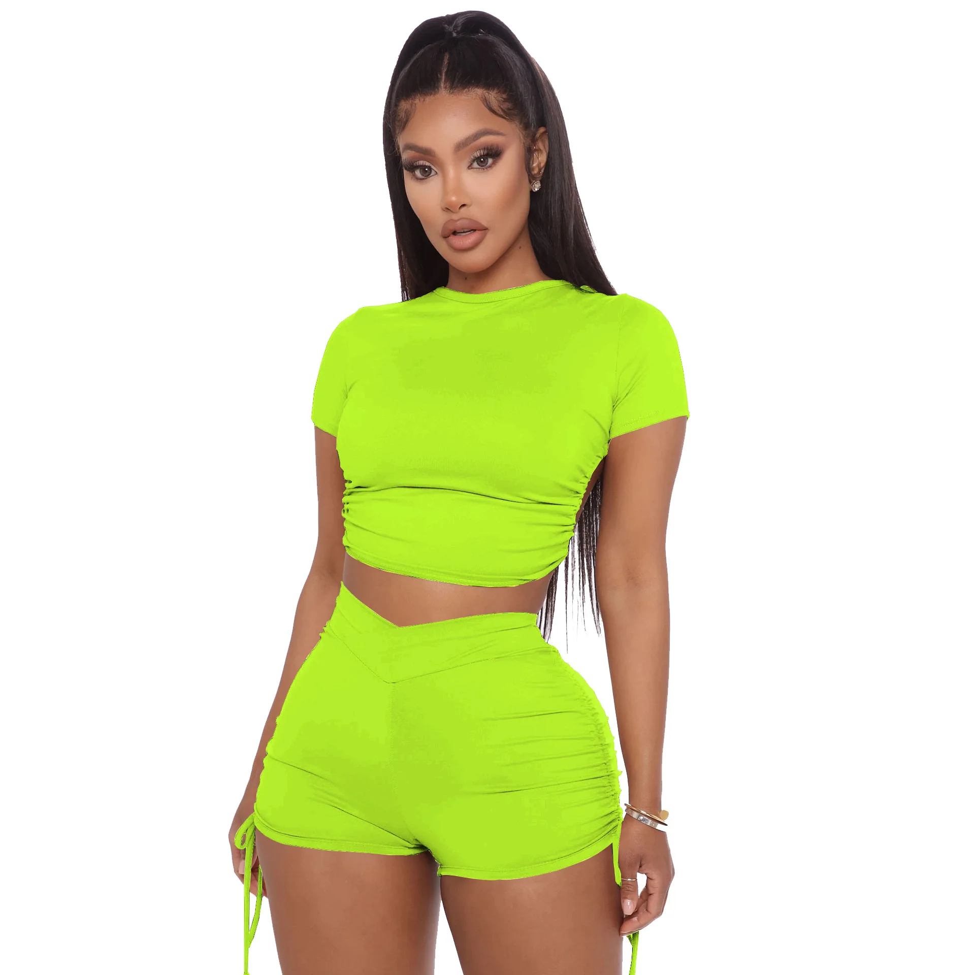 

2021 summer backless Crop top short 2 piece set fashion drawstring shorts two piece sets women