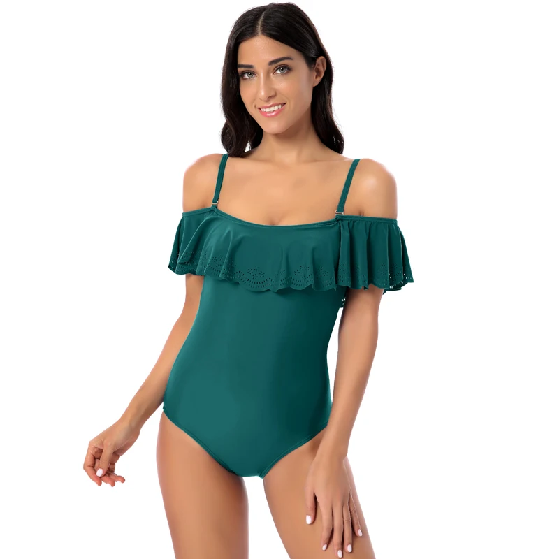 

2020 Summer One Piece Swimsuits Beach Off Shoulder Swimwear with Sexy Ruffled Laser Cutting