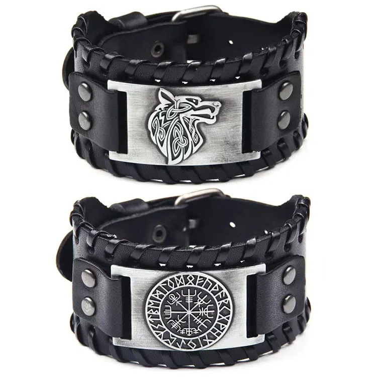 

SC Fashion Punk Adjustable Wide Leather Bracelet Men Retro Wolf Totem Pirate Compass Rune Triangle Viking Bracelets & Bangles