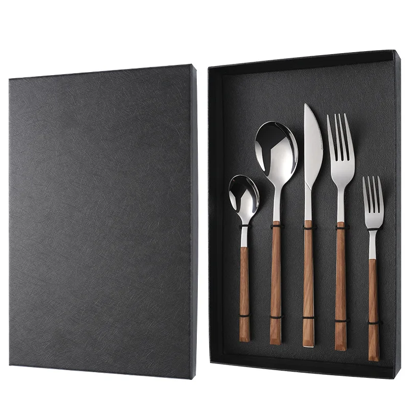 

Stainless steel wood grain square handle tableware hotel Western steak knife fork spoon gift box set