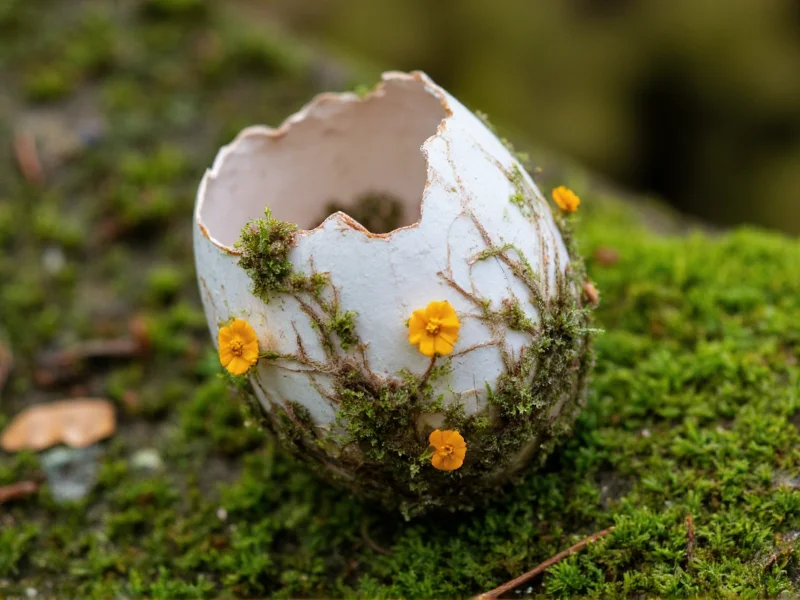 Cracked eggshell with moss and tiny flowers
