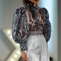 

Sexy Transparent Printed See Through Chic Puff Long Sleeve Lady Blouse