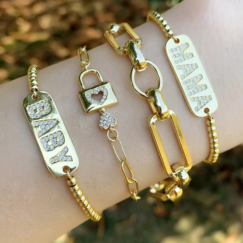 

Personality Micro Paved Zircon BABY MAMA Letter Words Bracelets Genuine Gold Plated Link Chain Lock Key Bracelet For Women Girl, As picture showed