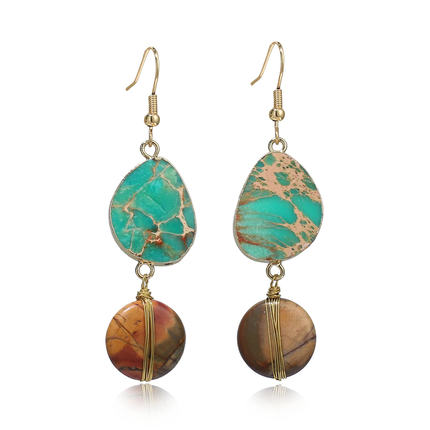 

Fashion DIY handmade 14k gold filled wire wrapped natural loose gemstone sea sediment imperial jasper stone earrings, Picture shows