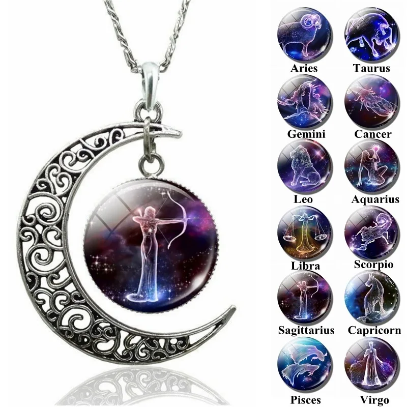 

Amazon Hot Selling Women Jewelry 12 Constellation Necklace Zodiac Signs Glass Stone Crescent Pendant Moon Necklace