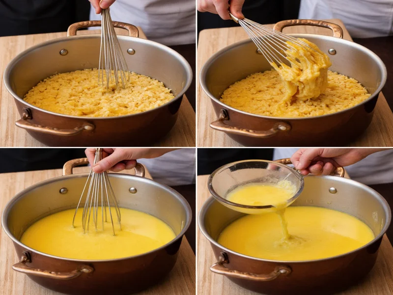 Step-by-step pudding cooking process in copper pot