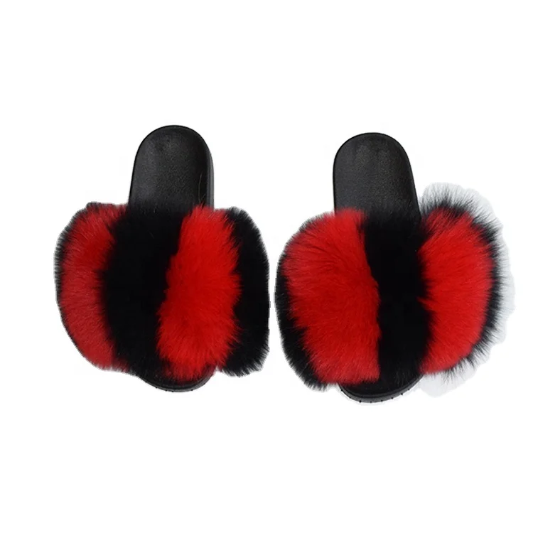 

Spring women Children fluffy real fox fur natural color slipper black red fur slides slippers luxury fur slipper for ladies