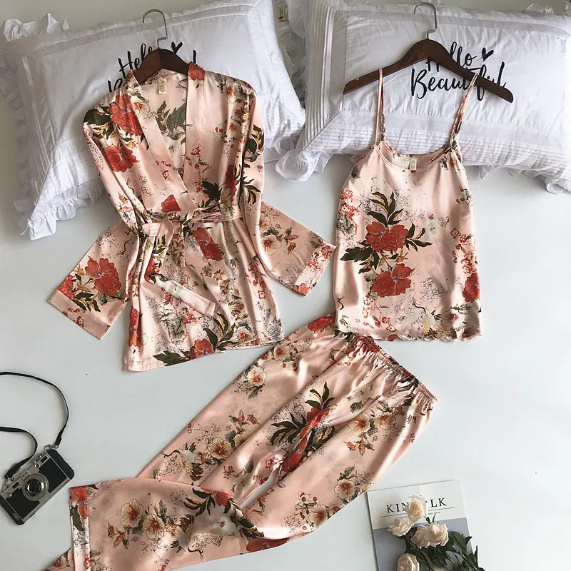 

Hot selling 3 Pieces Pyjamas Set Floral Print Top And Pants Sleepwear For Women Summer Pajamas Print Pajamas Set Cheap Pajama, As picture or customized