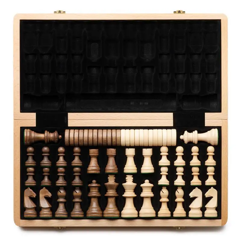 

Folding Wooden Chess Checkers Set King Height Chess Pieces German Knight Staunton Wooden Chessmen / Beech Box