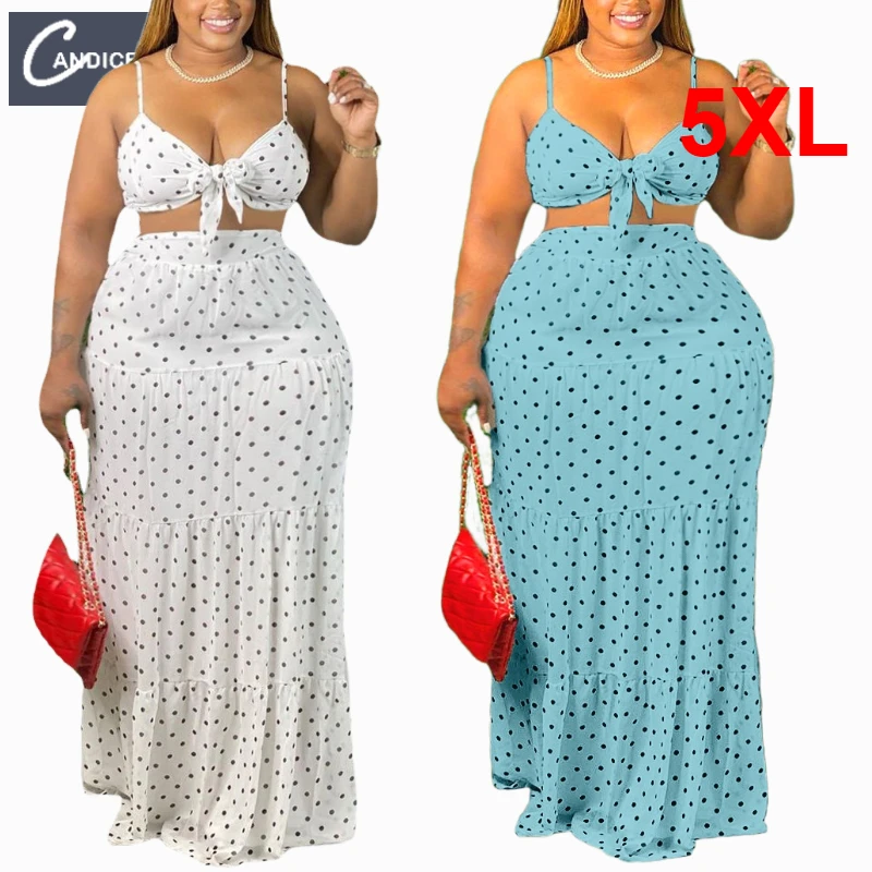 

Candice 5XL beach vocation sleeveless sexy hollow out bra bow cut out maxi polka dot women's  two piece dress sets