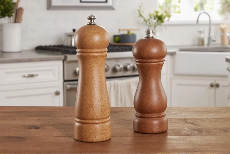 Crate and Barrel acacia wood salt and pepper mills on rustic kitchen counter with visible grind adjustment dials