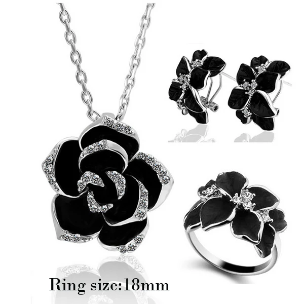 

Fashion Rose Flower Enamel Jewelry Set Rose Gold Color Black Painting Bridal Jewelry Sets for Women Wedding, Picture