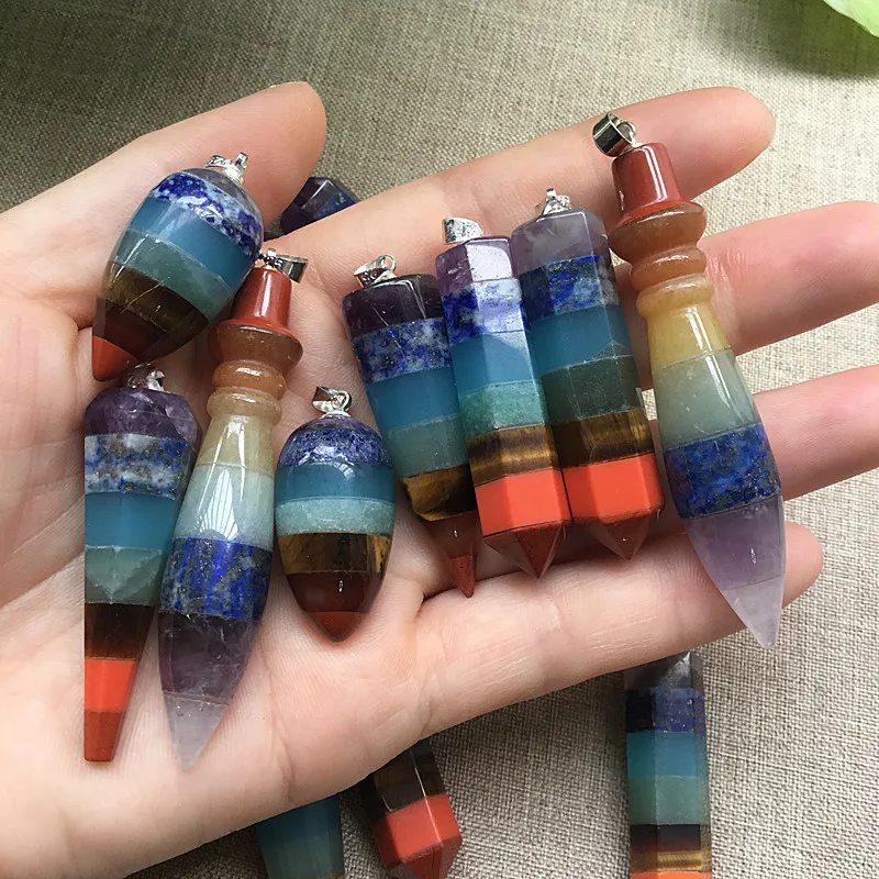 

Natural Crystal Seven Chakras Six Prism Lingpendulum Fashion Seven Color Pendant Available In Variety Of Shapes, Mixed color