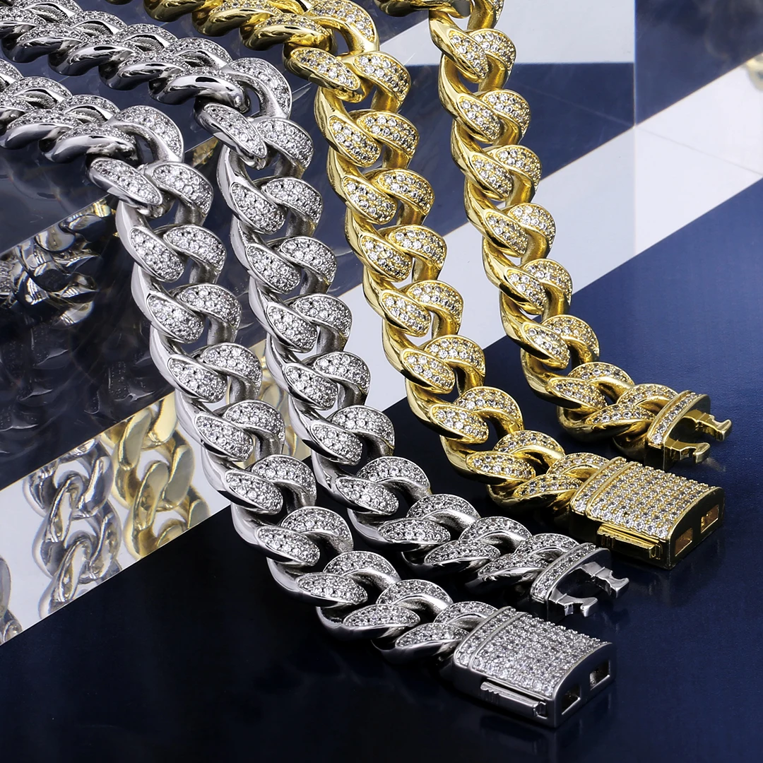 
KRKC&CO Hip Hop Jewelry 12MM White Gold Plated Iced Out Cuban Link CZ Prong Cuban Link Chain Necklace Diamond Cuban Chain 