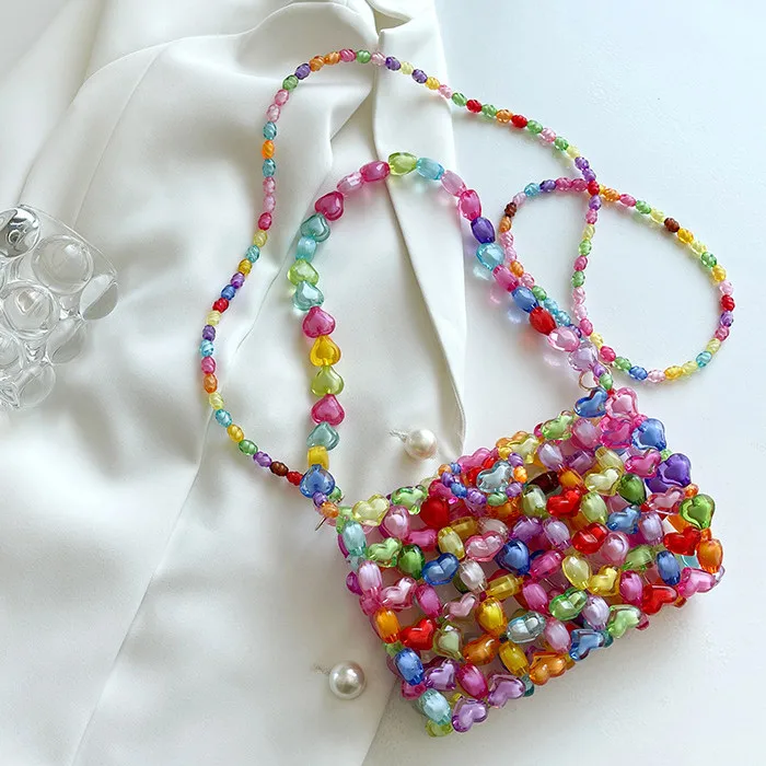 

2022Crystal beads ladies handwoven handbag shoulder diy material underarm purse jelly heart shape beaded beach bag, Customized color