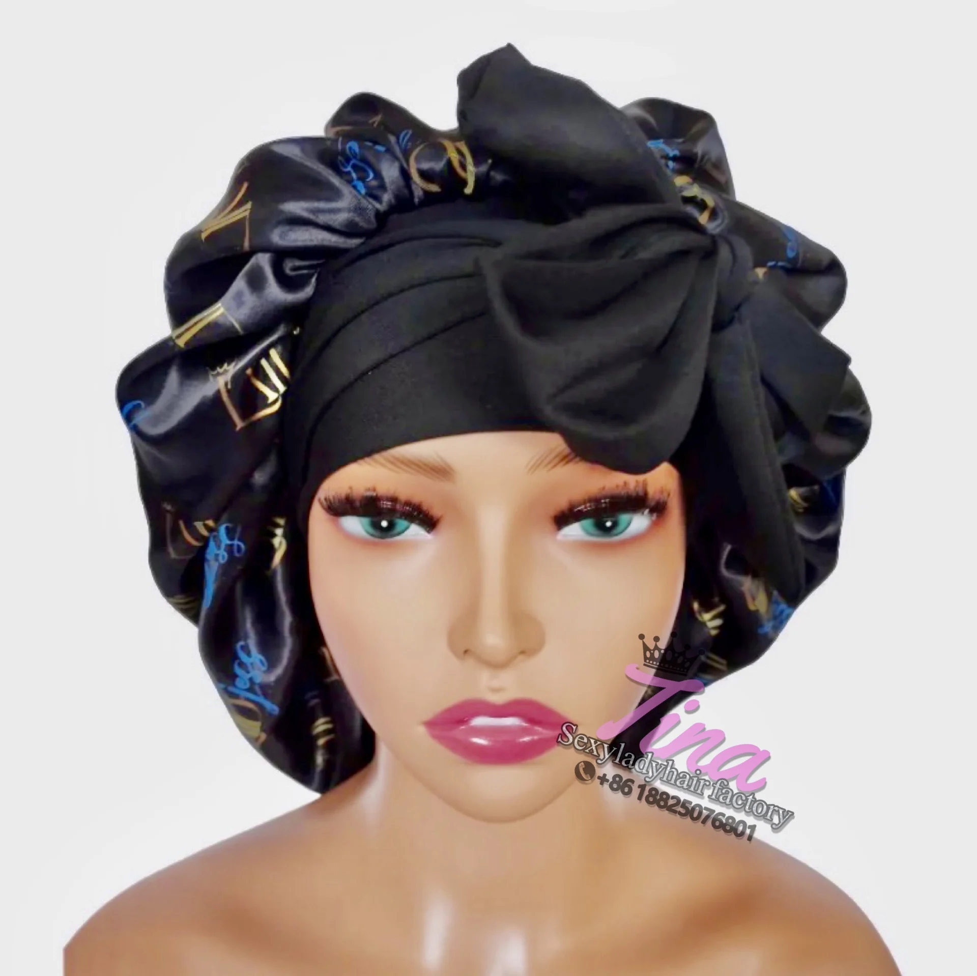 

long hair satin bonnet with tie Double layer reversible braid bonnet with snap adjustable drawstring band long bonnet